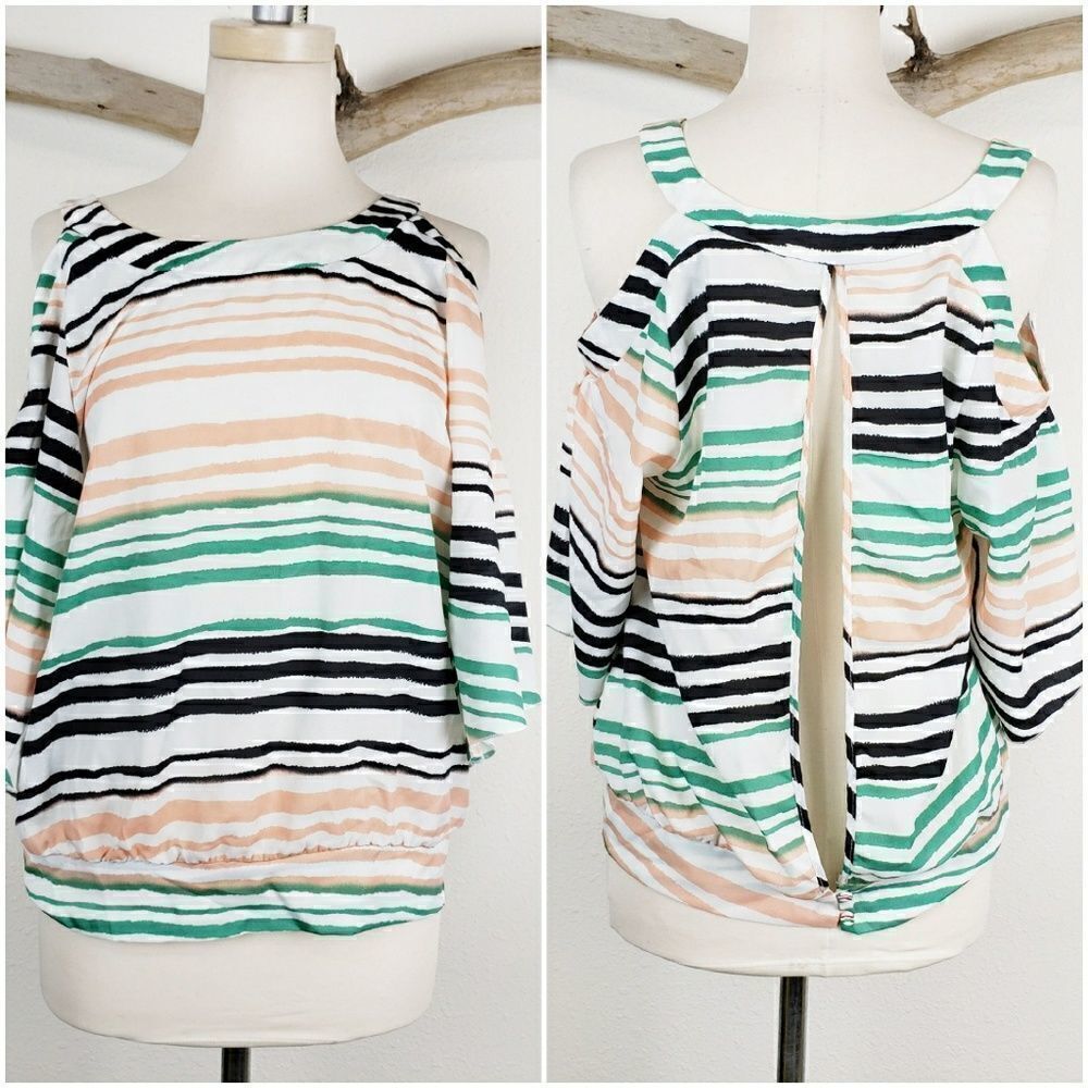 Xtaren striped cold shoulder split back blouse